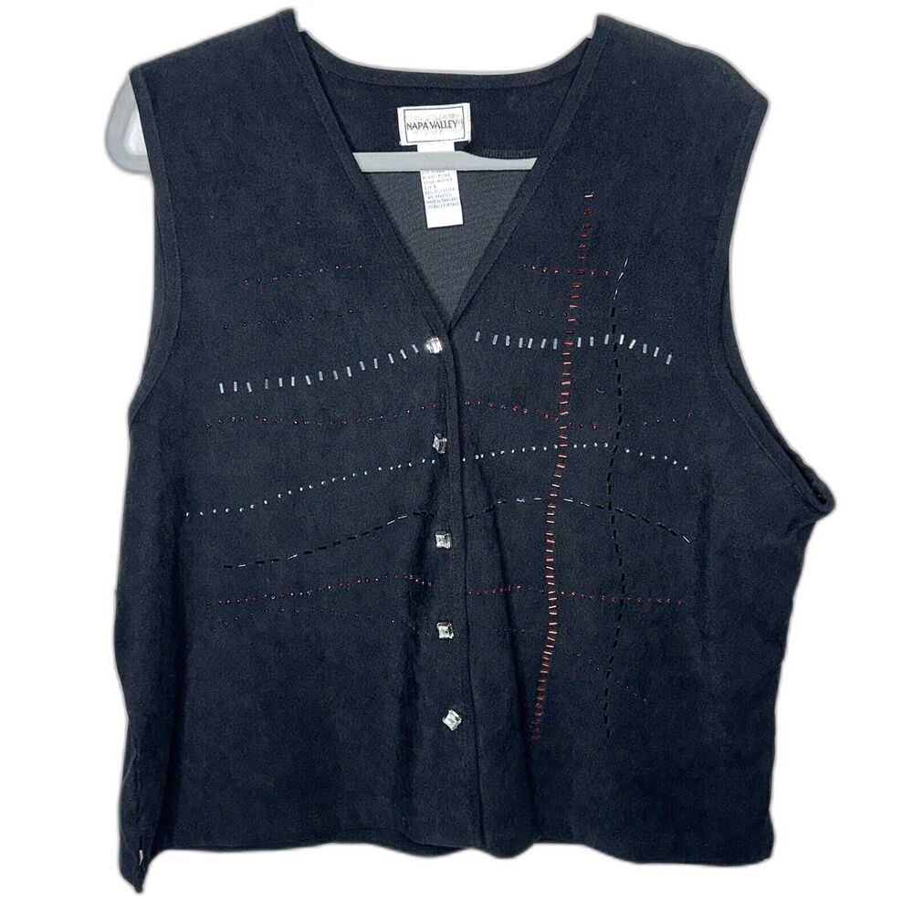 VTG Napa Valley Womens Vest Size Large Black Beaded Gem Buttons